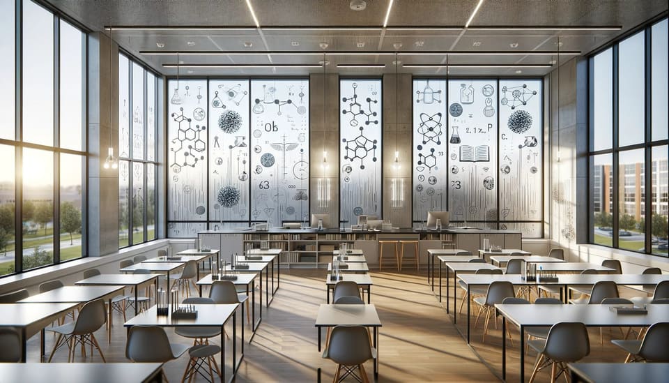 Concept rendering of a bright classroom with science-themed frosted patterns on tall windows
