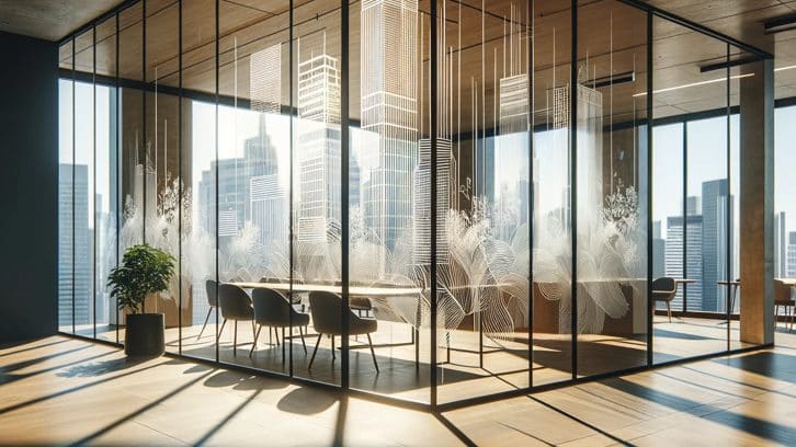 Concept rendering of glass partitions in a high-rise office with a subtle frosted pattern