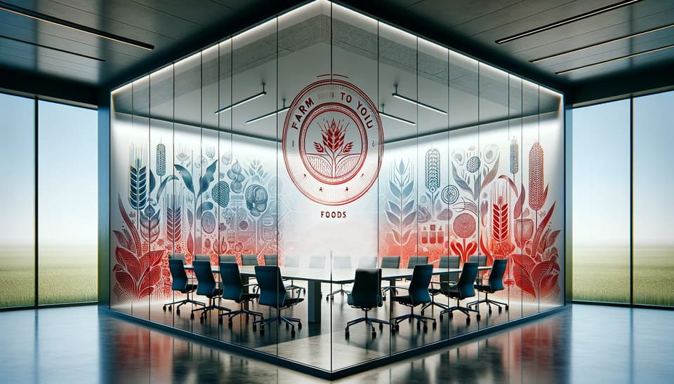 Concept rendering of a glass conference room with a large printed emblem on the glass