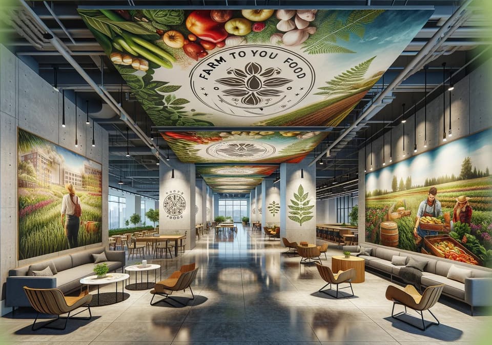 Concept rendering of a lobby with a produce-themed mural on the walls and ceiling