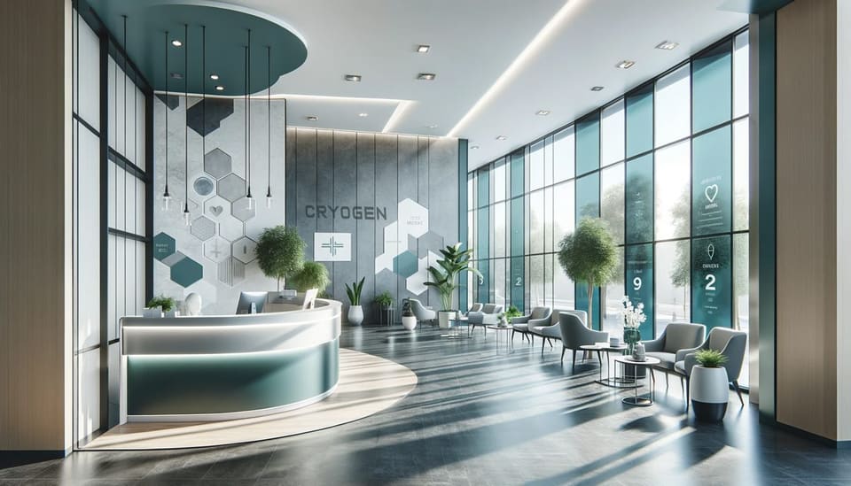 Concept rendering of a medical reception area with a curved desk and hex-pattern wall