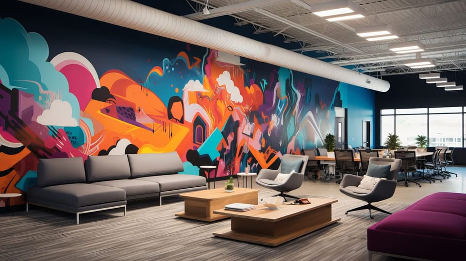 Concept rendering of a casual workspace lounge with a colorful abstract graphic wall
