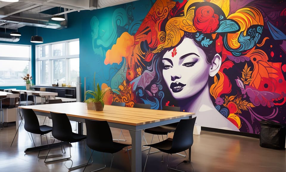 Concept rendering of a collaboration space with a large colorful portrait mural