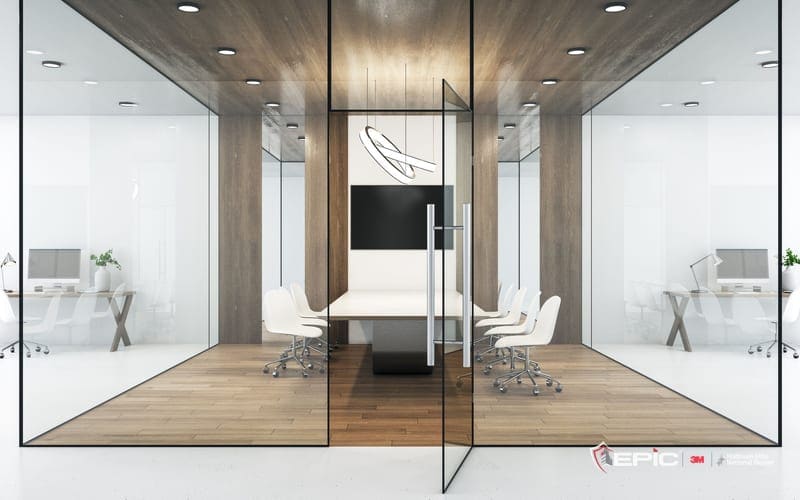 A rendered glass meeting room, straight on — the glass graphics visualizer