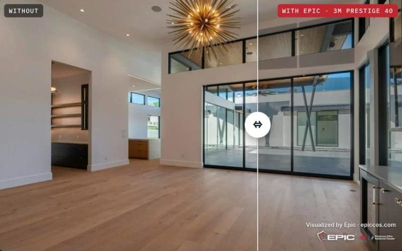 The window film visualizer on a sample living room: half the glass without film, half with 3M Prestige 40