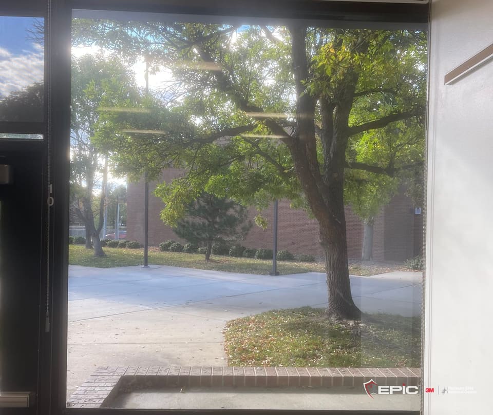 A finished school sidelite with the film on, a large tree and brick building outside, door number 10 on the frame