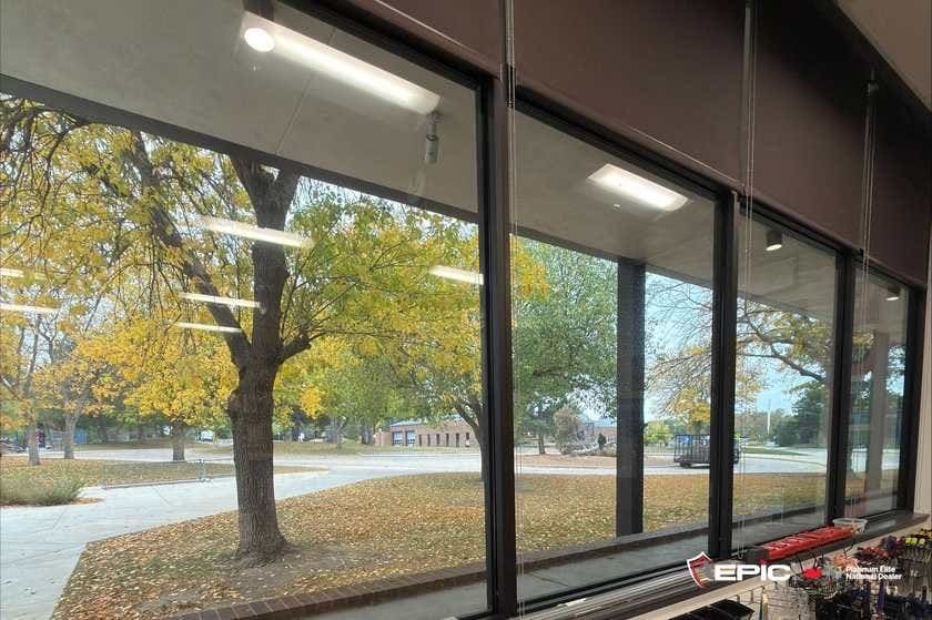 A classroom window band of four lites looking out to a playground and fall trees, workbench and tool wall inside