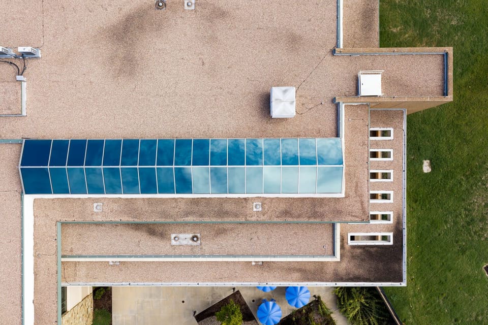 Completed skylight from above at the Oklahoma Department of Wildlife Conservation, with the courtyard beside it