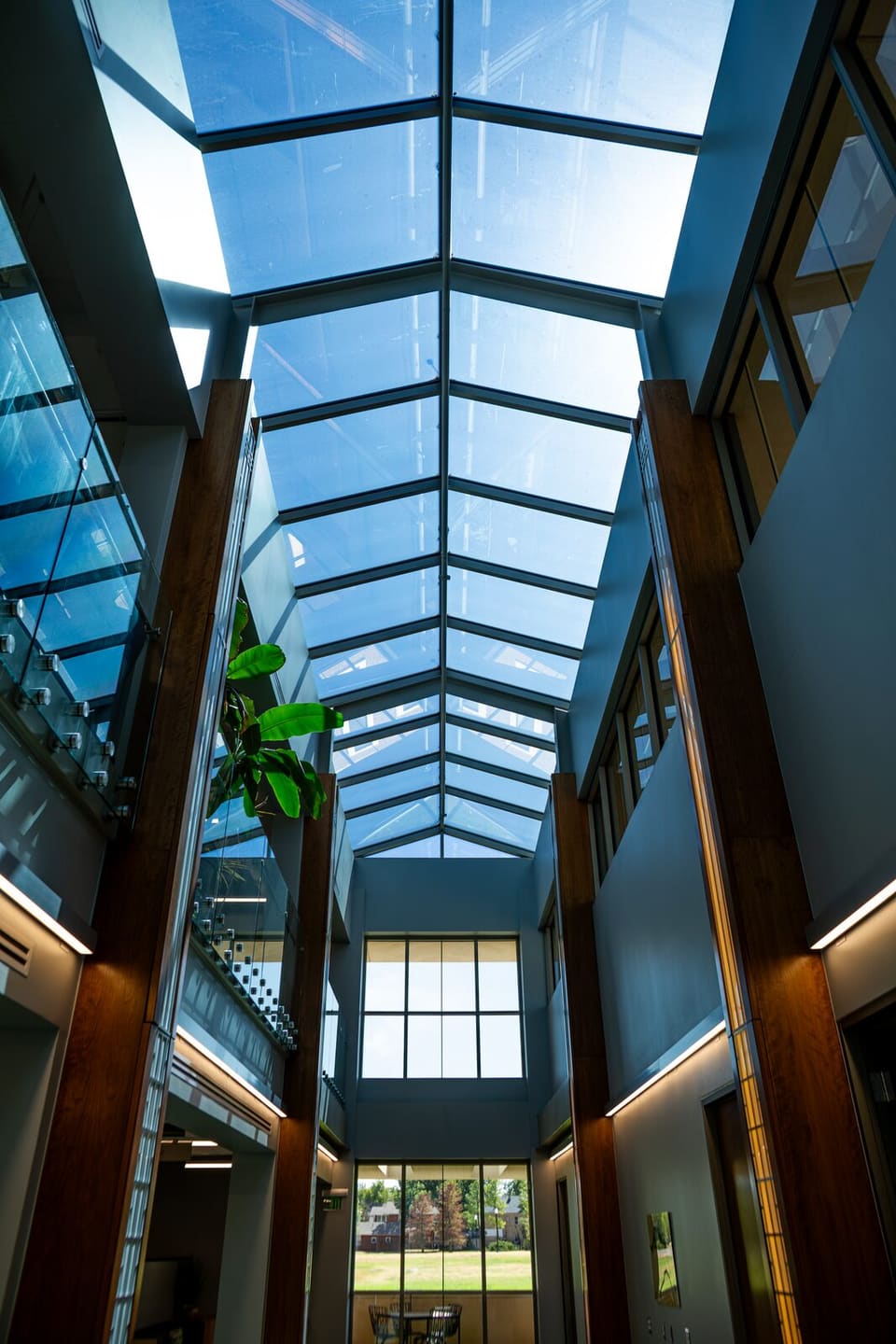 Completed atrium at the Oklahoma Department of Wildlife Conservation with Prestige on the glass and the skylight overhead