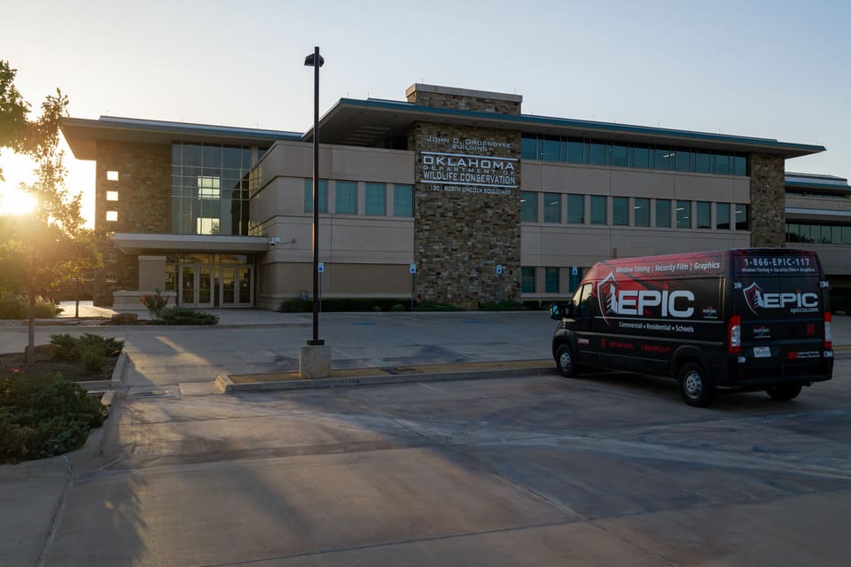 Epic van at the Oklahoma Department of Wildlife Conservation at sunrise, before the film work began