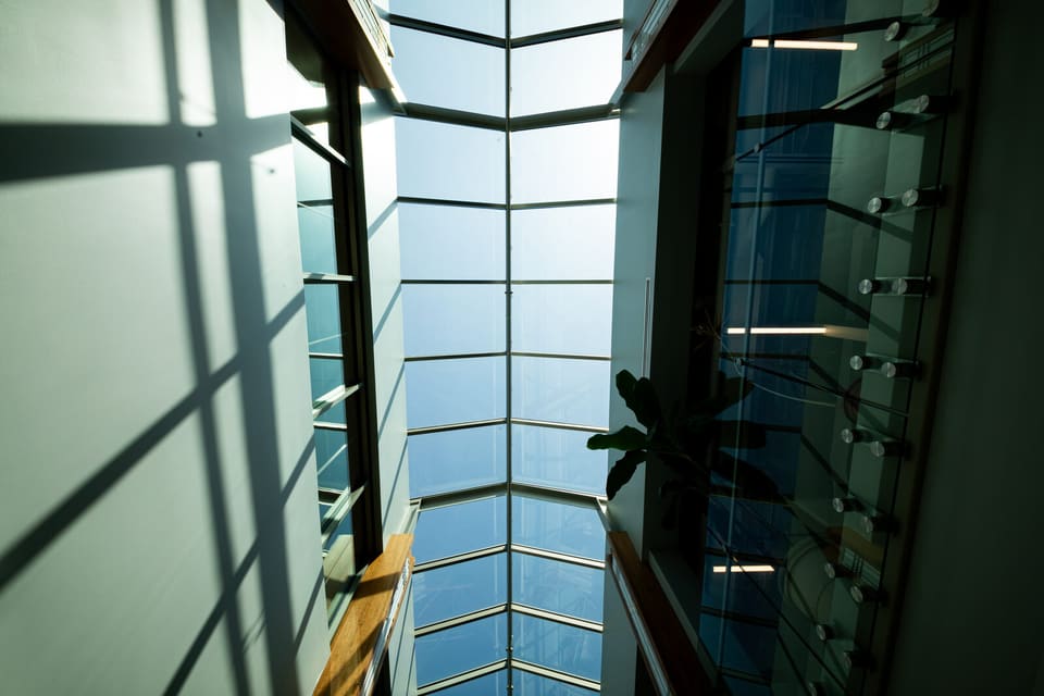 Epic crew working on the atrium glass and skylight at the Oklahoma Department of Wildlife Conservation during the film install